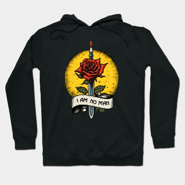 Sunlit Warrior - I am no man - Sword, Roses and Yellow Sun - White - Fantasy Hoodie by Fenay-Designs